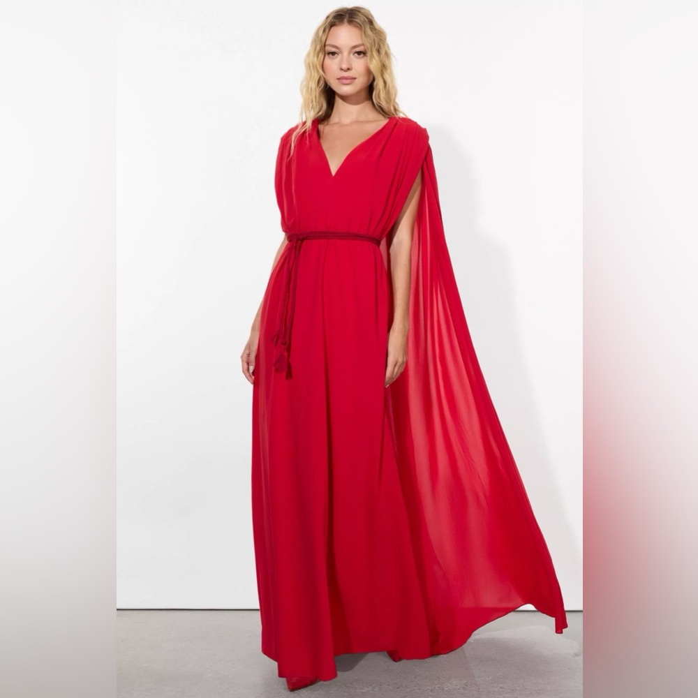 NWT $895 Alice and Olivia Zenaida Maxi Cape Dress Bright Ruby